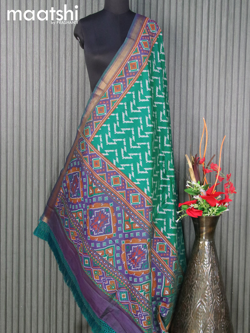 Semi tussar dupatta green with allover geometric prints and zari woven border