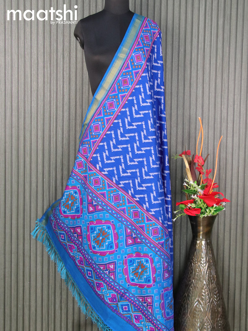 Semi tussar dupatta blue with allover geometric prints and zari woven border