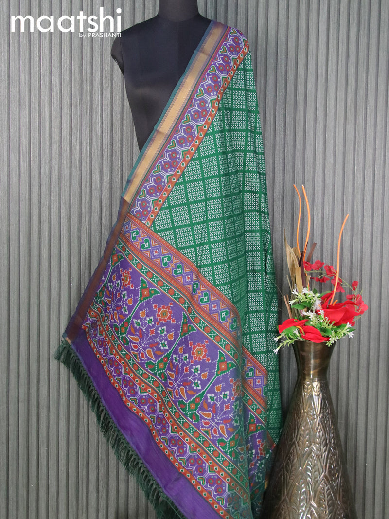 Semi tussar dupatta green and blue with allover prints and zari woven border