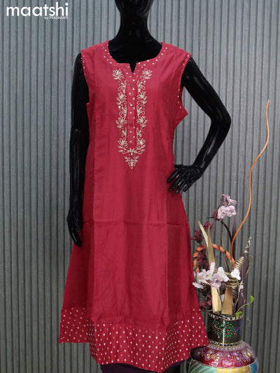 Chanderi readymade kurti red with embroidery work neck pattern sleeve attached without pant