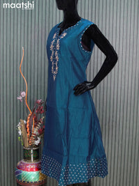Chanderi anarkali kurti peacock blue with embroidery work neck pattern sleeve attached without pant