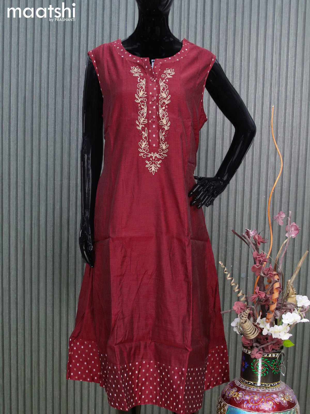 Chanderi anarkali kurti maroon with embroidery work neck pattern sleeve attached without pant