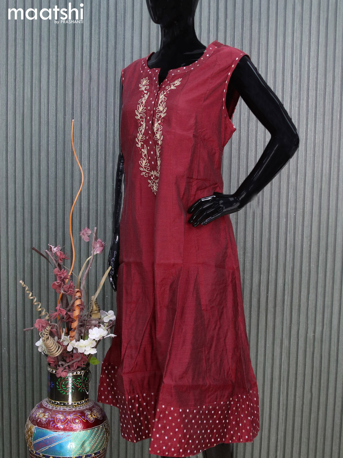 Chanderi anarkali kurti maroon with embroidery work neck pattern sleeve attached without pant
