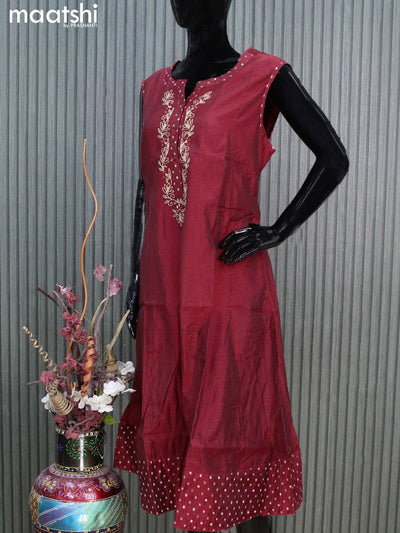 Chanderi readymade kurti maroon with embroidery work neck pattern sleeve attached without pant