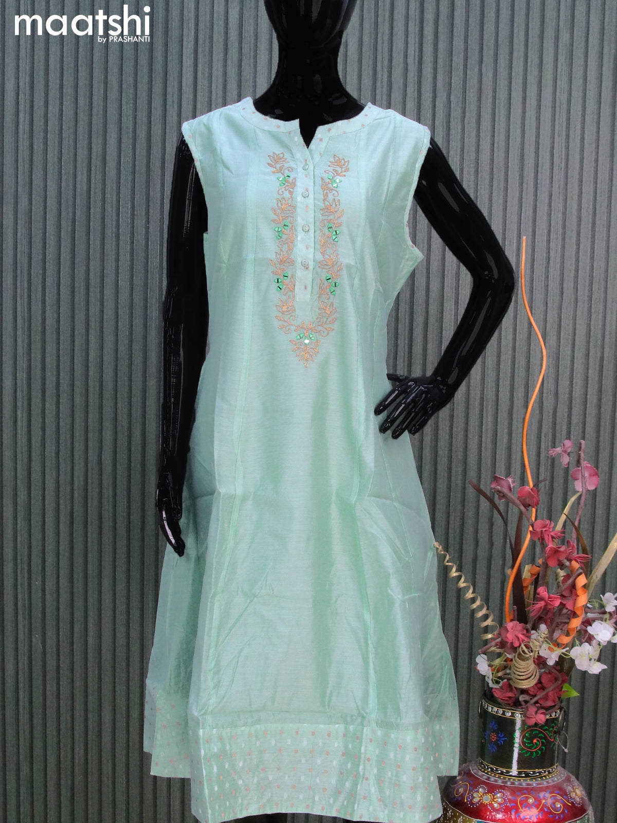 Chanderi anarkali kurti pastel green shade with embroidery work neck pattern sleeve attached without pant