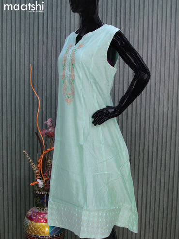 Chanderi anarkali kurti pastel green shade with embroidery work neck pattern sleeve attached without pant