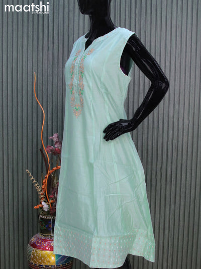 Chanderi readymade kurti pastel green shade with embroidery work neck pattern sleeve attached without pant