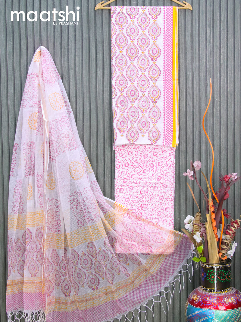 Mul Mul cotton dress material off white and pink with allover prints and bottom & kota printed dupatta