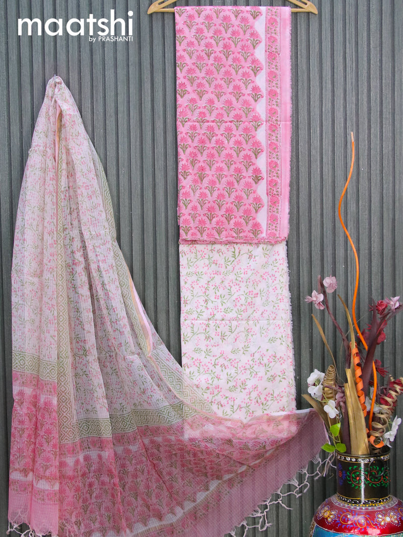 Mul Mul cotton dress material pink and off white with allover floral butta prints and bottom & kota printed dupatta