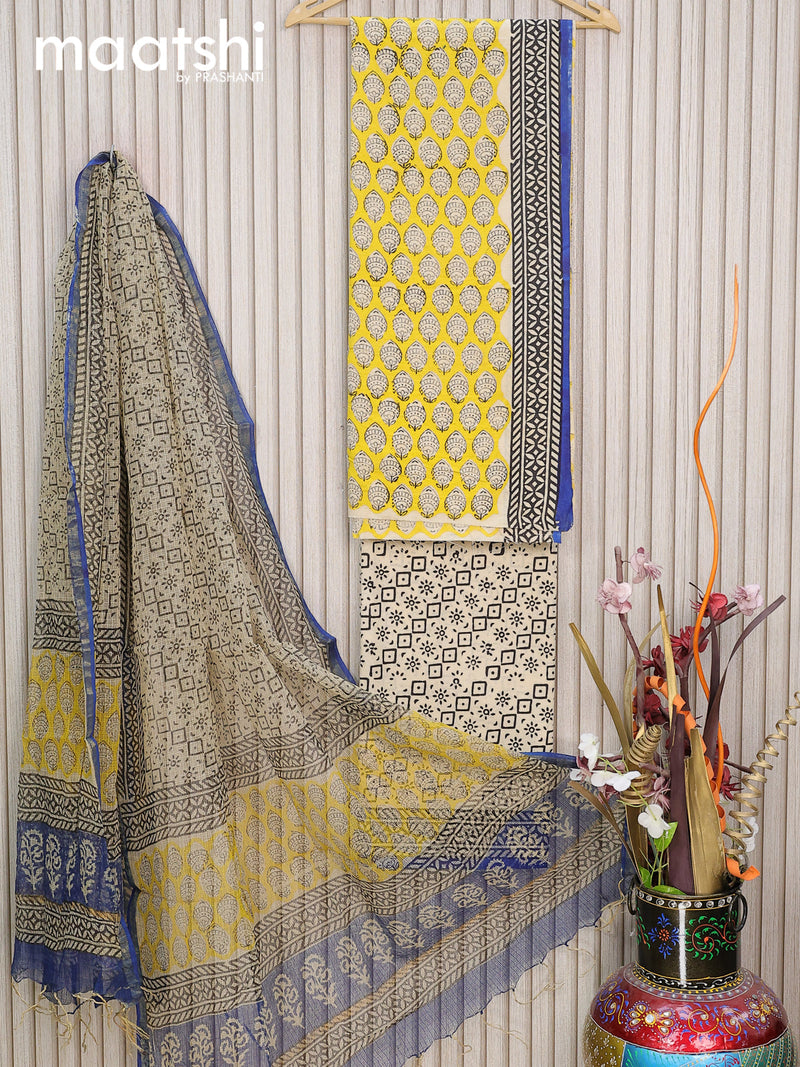 Mul Mul cotton dress material yellow and beige with allover butta prints and bottom & kota printed dupatta