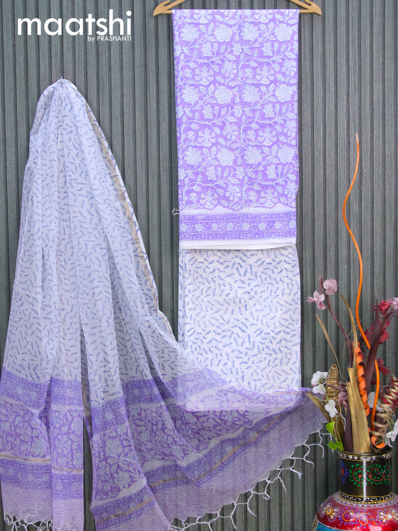 Mul Mul cotton dress material lavender and off white with allover floral prints and bottom & kota printed dupatta