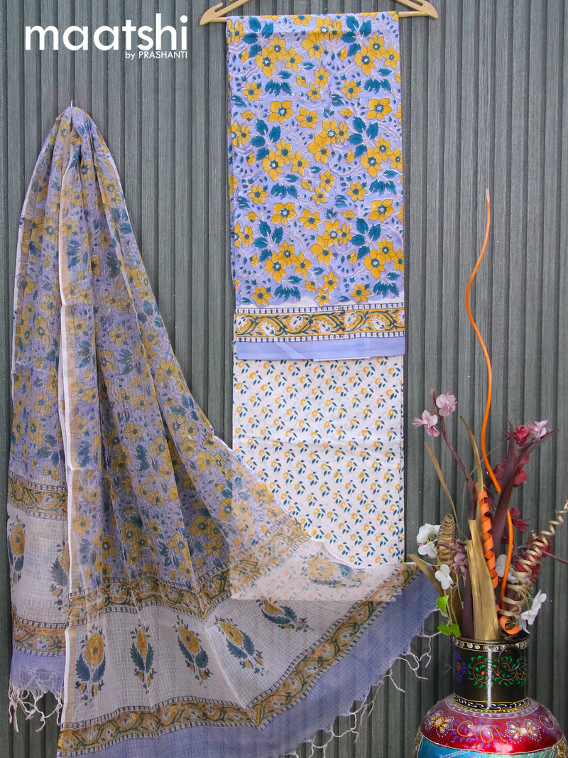 Mul Mul cotton dress material blue shade and off white with allover floral prints and bottom & kota printed dupatta