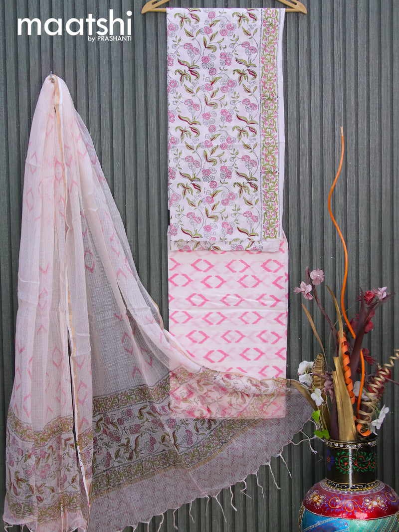 Mul Mul cotton dress material off white and pink with allover floral prints and bottom & kota printed dupatta