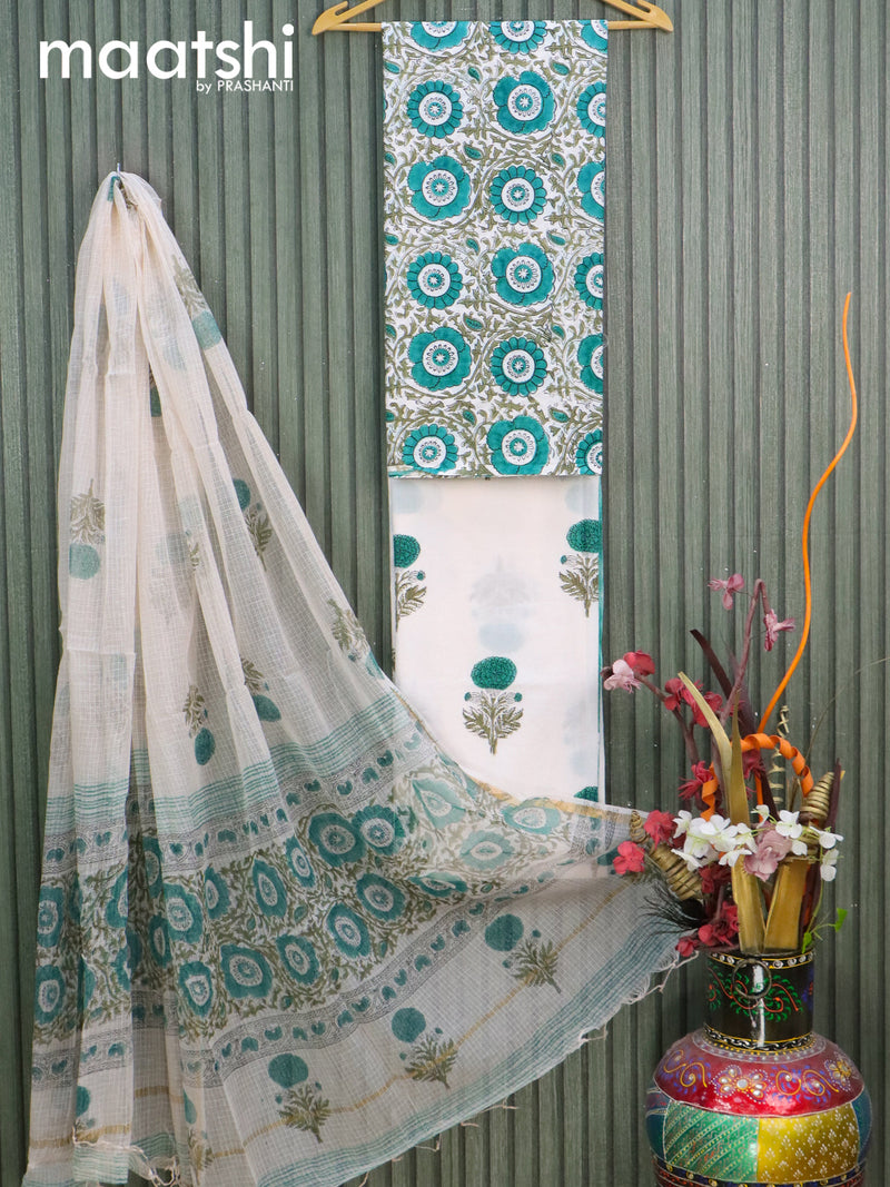 Mul Mul cotton dress material off white and teal blue with allover floral prints and bottom & kota printed dupatta