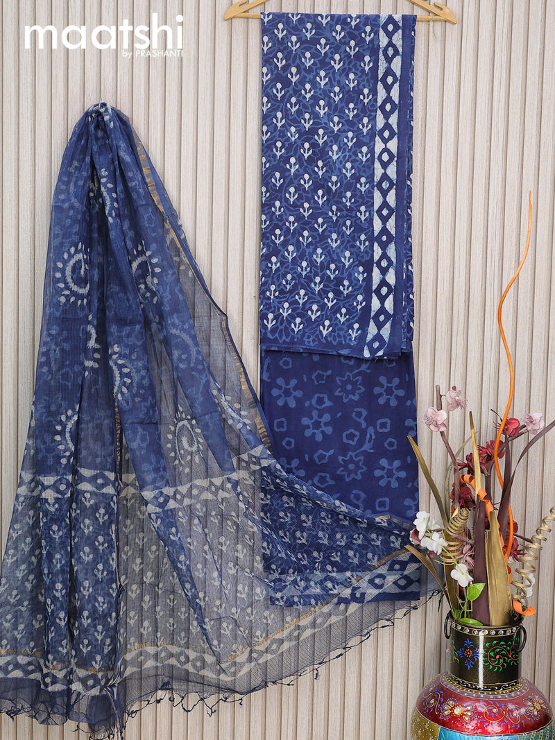 Mul Mul cotton dress material indigo blue   with allover dabu prints and bottom & kota printed dupatta