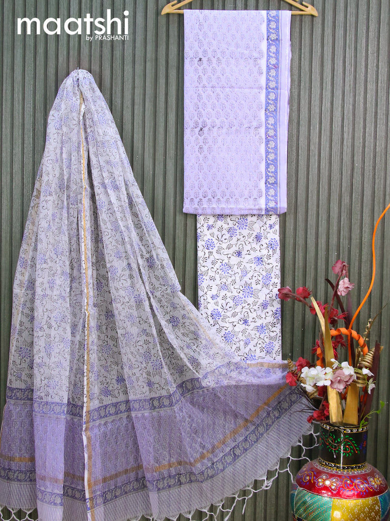 Mul Mul cotton dress material lavender and off white with allover floral prints and bottom & kota printed dupatta