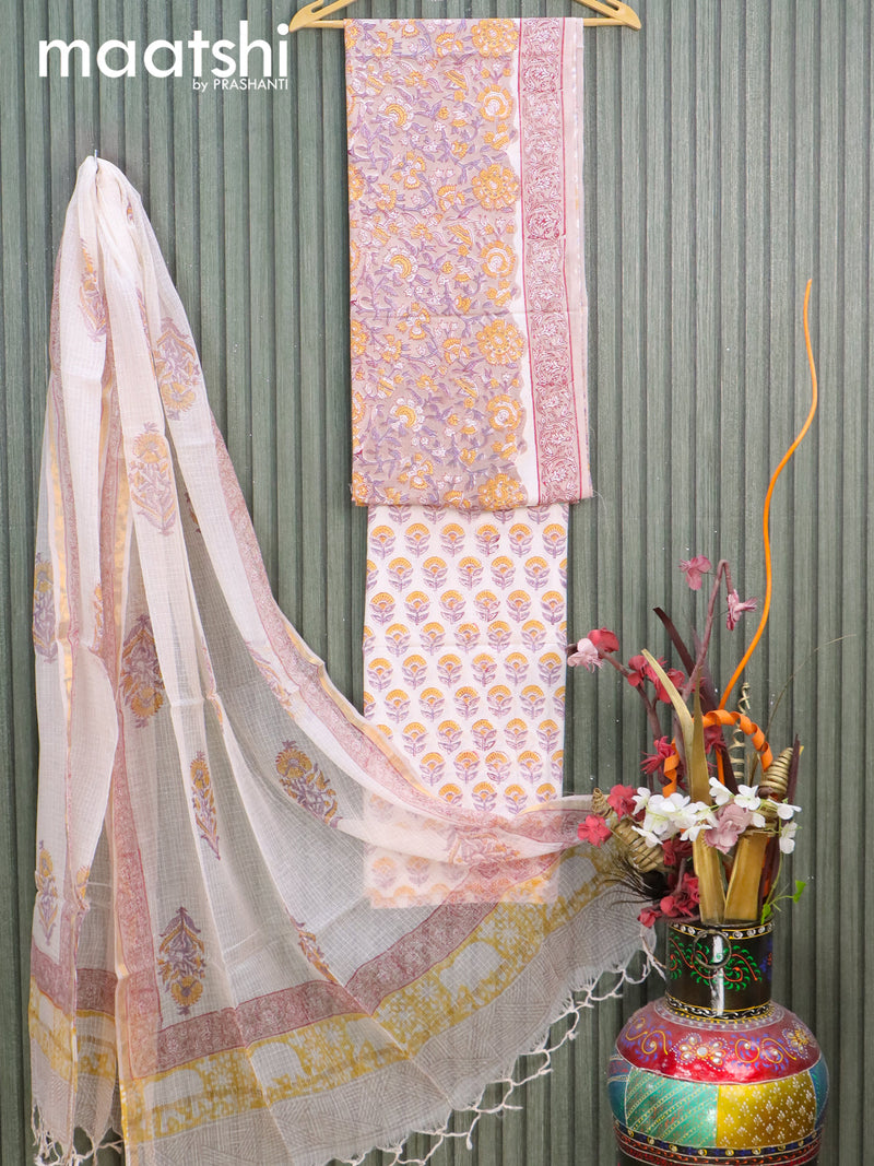Mul Mul cotton dress material beige and off white with allover floral prints  and bottom & kota printed dupatta