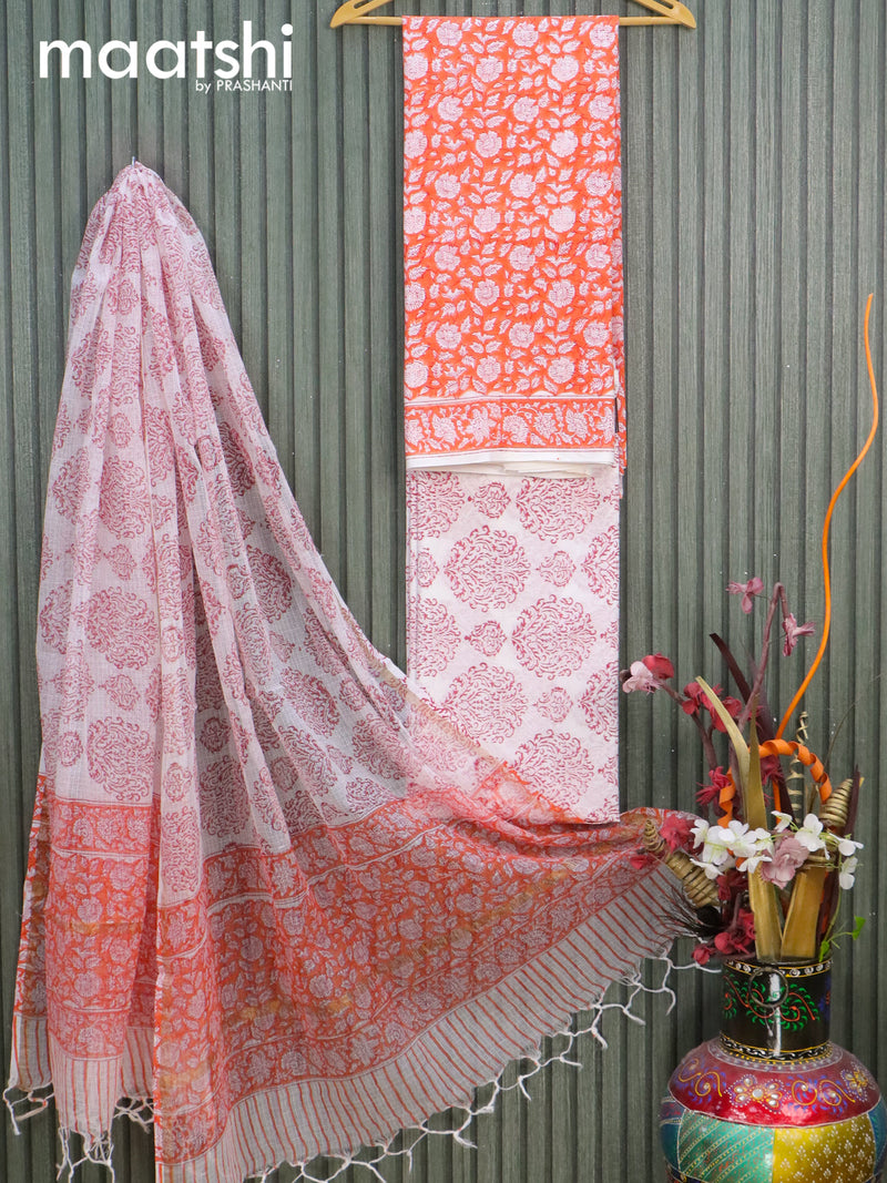 Mul Mul cotton dress material orange and off white with allover floral prints  and bottom & kota printed dupatta