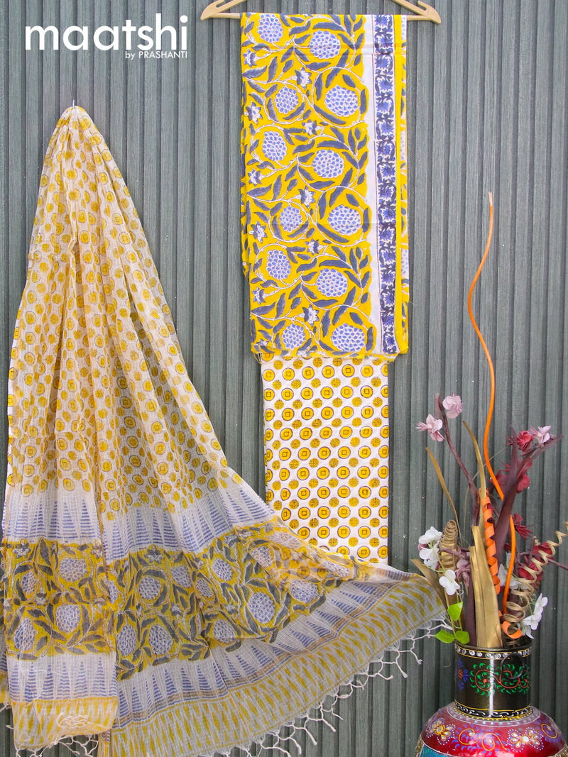Mul Mul cotton dress material yellow and off white with allover floral prints and bottom & kota printed dupatta