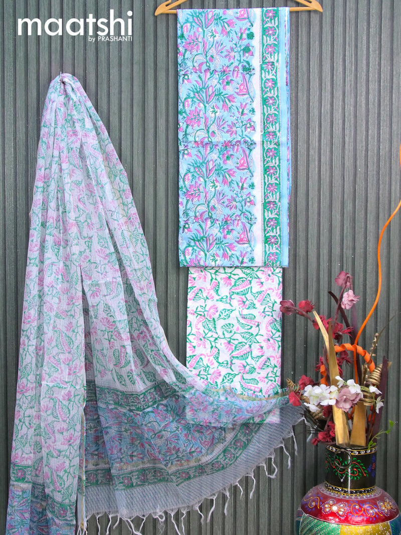 Mul Mul cotton dress material blue and off white with allover floral prints and bottom & kota printed dupatta