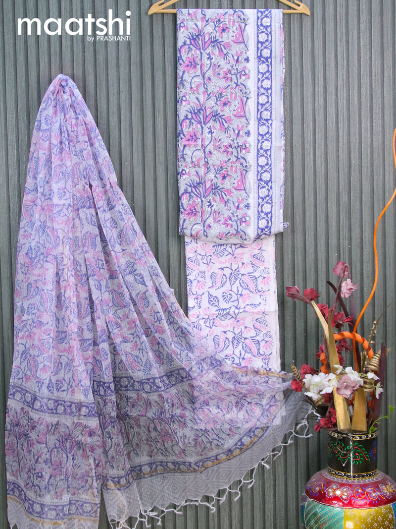 Mul Mul cotton dress material grey  and off white with allover floral prints and bottom & kota printed dupatta