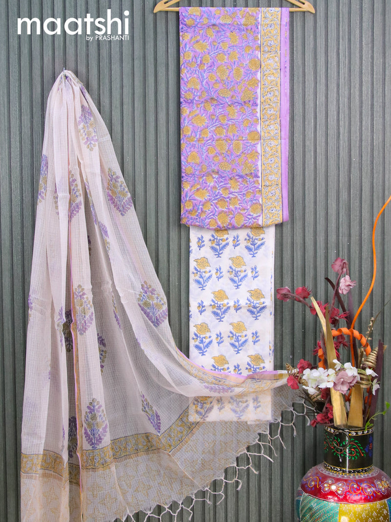 Mul Mul cotton dress material lavender shade and off white with allover floral prints and bottom & kota printed dupatta