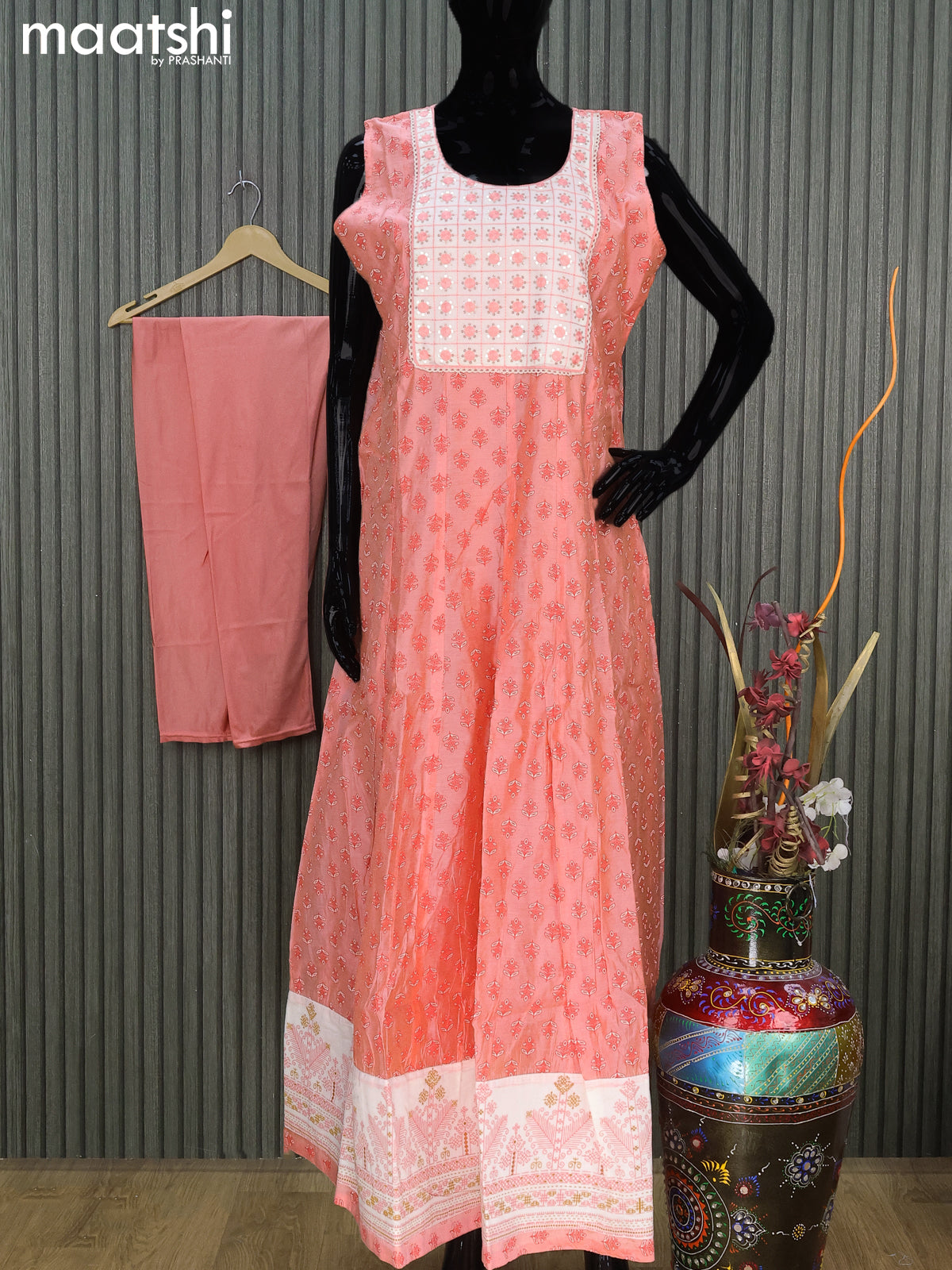 Chanderi readymade party anarkali salwar suit peach orange and cream with allover butta prints & embroidery sequin work neck pattern and straight cut pant & sequin work dupatta