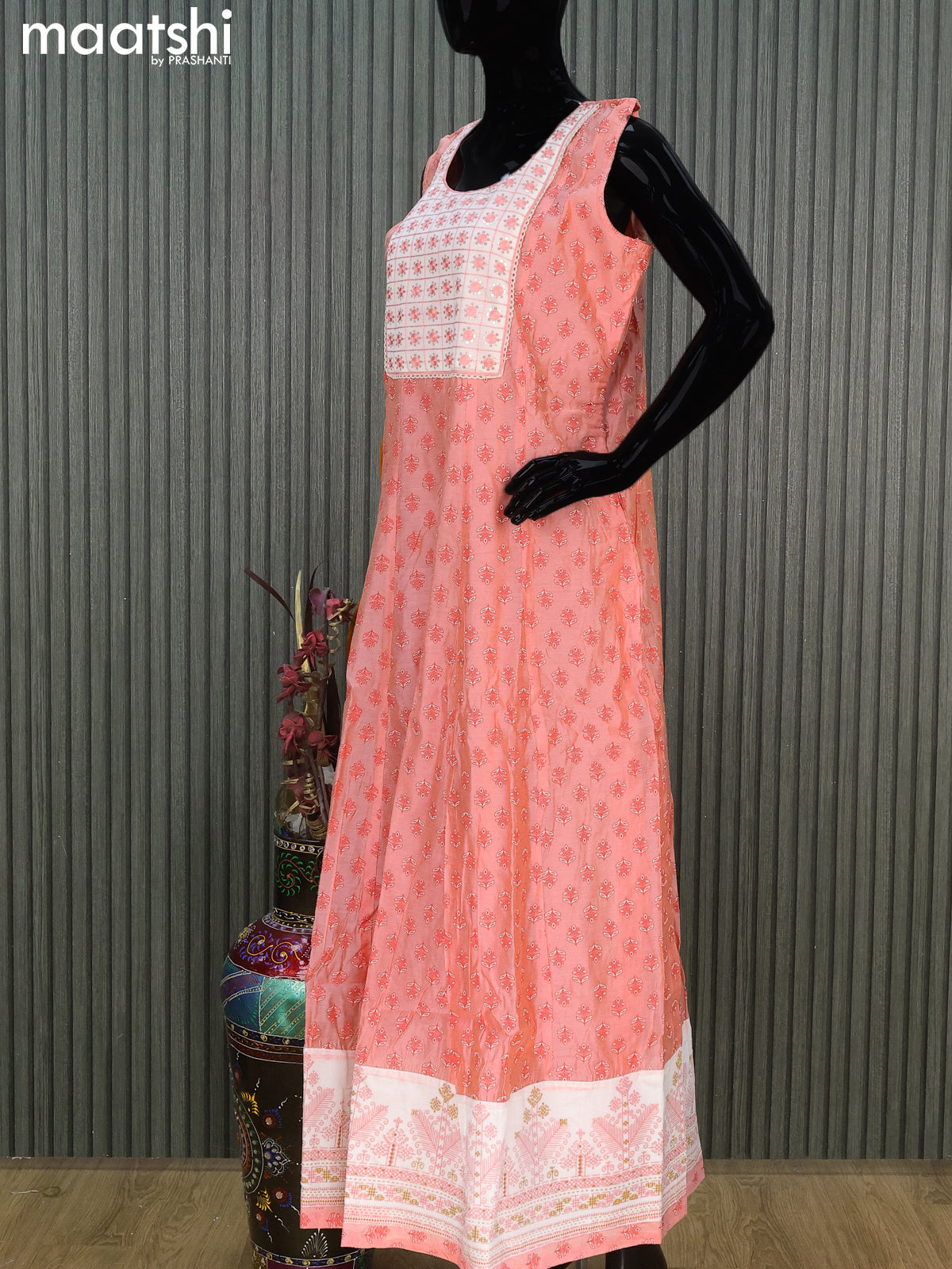 Chanderi readymade party anarkali salwar suit peach orange and cream with allover butta prints & embroidery sequin work neck pattern and straight cut pant & sequin work dupatta