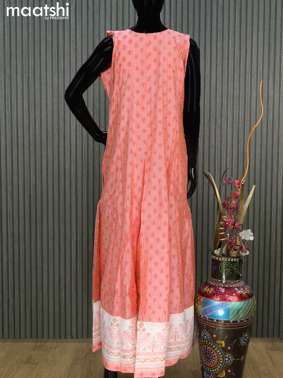 Chanderi readymade party anarkali salwar suit peach orange and cream with allover butta prints & embroidery sequin work neck pattern and straight cut pant & sequin work dupatta