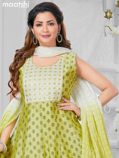 Chanderi readymade party anarkali salwar suit pista green and off white with allover butta prints & embroidery sequin work neck pattern and straight cut pant & sequin work dupatta