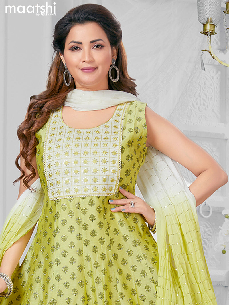 Chanderi readymade party anarkali salwar suit pista green and off white with allover butta prints & embroidery sequin work neck pattern and straight cut pant & sequin work dupatta