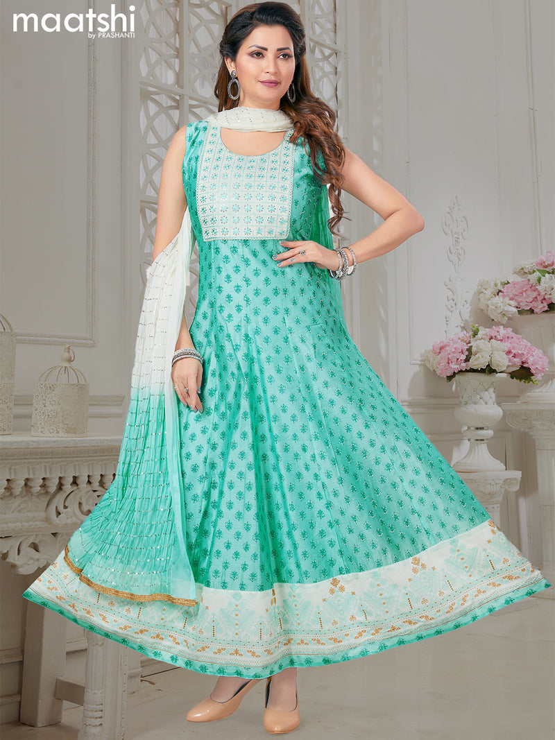 Chanderi readymade party anarkali salwar suit light blue and off white with allover butta prints & embroidery sequin work neck pattern and straight cut pant & sequin work dupatta