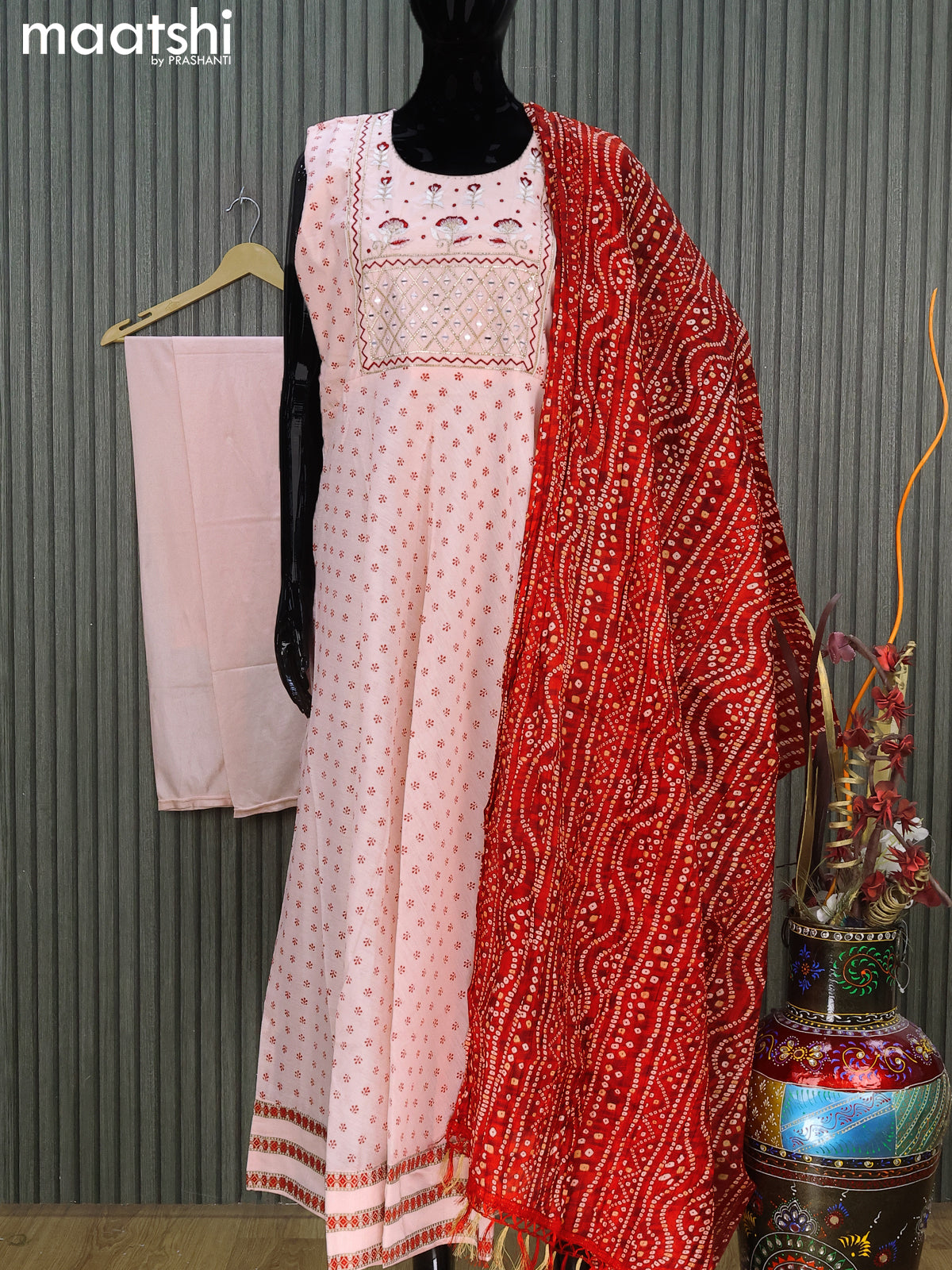 Chanderi readymade party anarkali salwar suit baby pink with allover butta prints & embroidery mirror work neck pattern and straight cut pant & bandhani dupatta