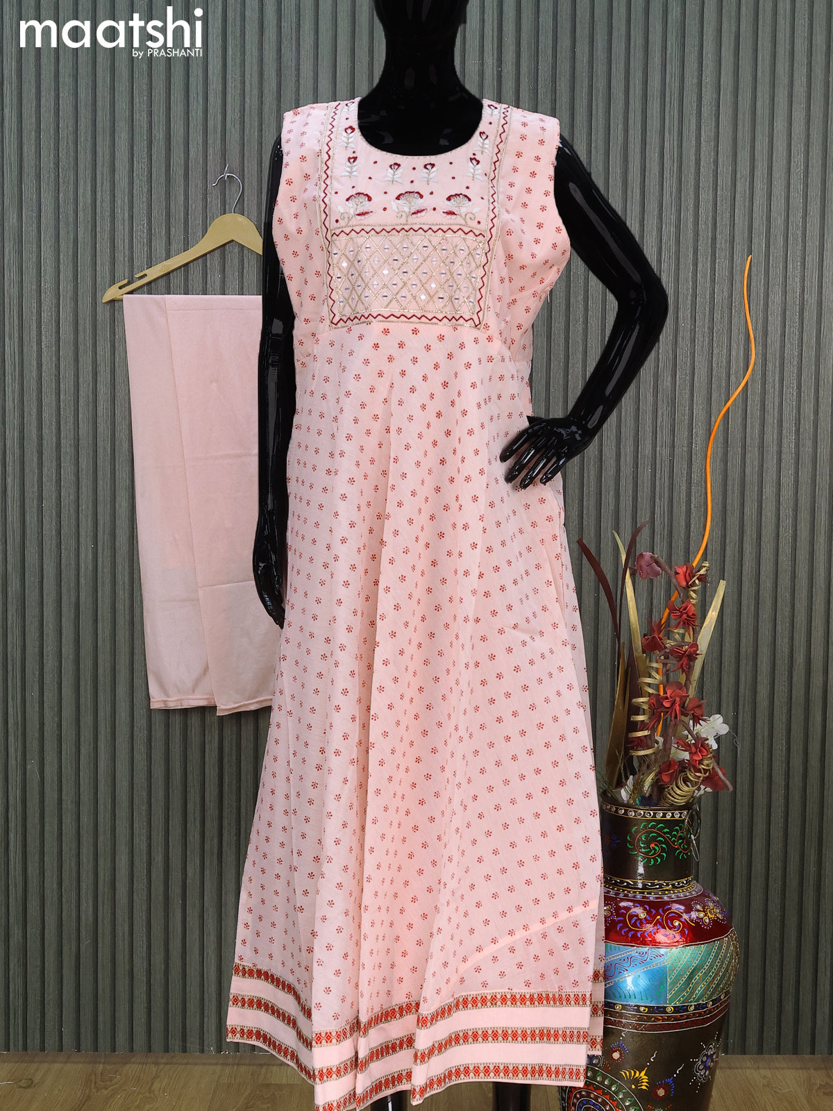 Chanderi readymade party anarkali salwar suit baby pink with allover butta prints & embroidery mirror work neck pattern and straight cut pant & bandhani dupatta