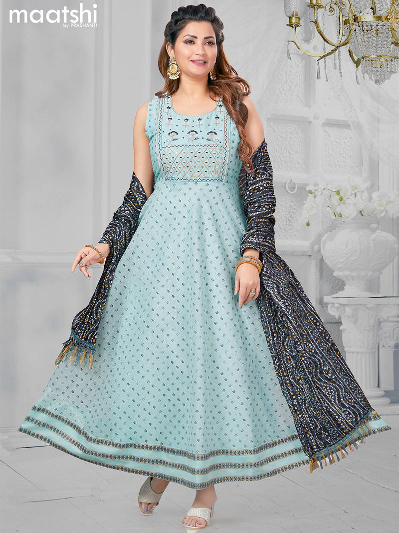 Chanderi readymade party anarkali salwar suit light blue with allover butta prints & embroidery mirror work neck pattern and straight cut pant & bandhani dupatta