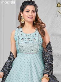 Chanderi readymade party anarkali salwar suit light blue with allover butta prints & embroidery mirror work neck pattern and straight cut pant & bandhani dupatta