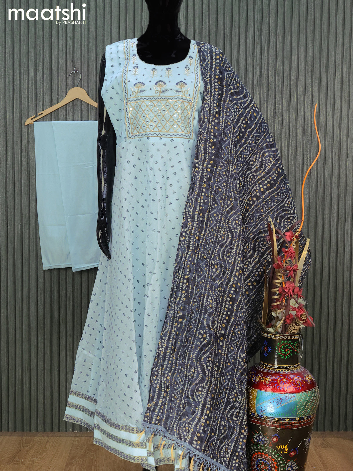 Chanderi readymade party anarkali salwar suit light blue with allover butta prints & embroidery mirror work neck pattern and straight cut pant & bandhani dupatta