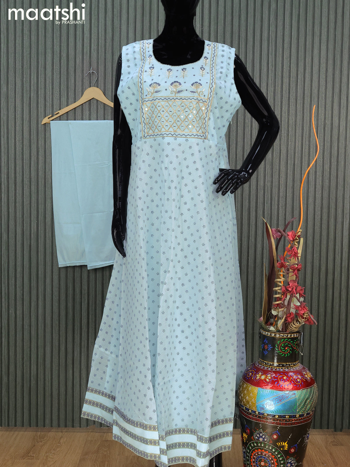 Chanderi readymade party anarkali salwar suit light blue with allover butta prints & embroidery mirror work neck pattern and straight cut pant & bandhani dupatta
