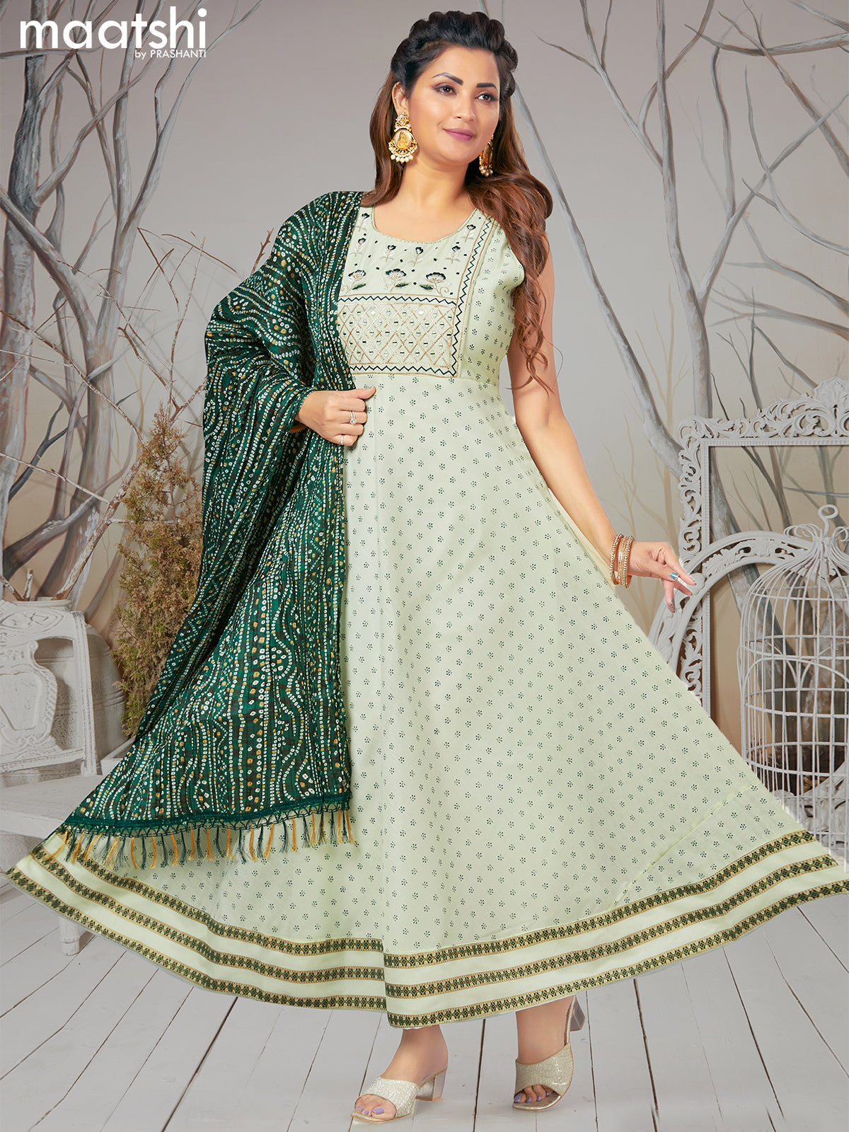 Chanderi readymade party anarkali salwar suit mild pista green with allover butta prints & embroidery mirror work neck pattern and straight cut pant & bandhani dupatta