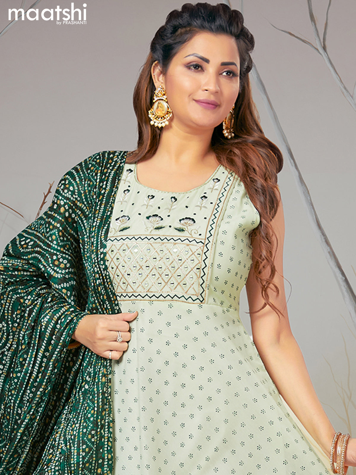 Chanderi readymade party anarkali salwar suit mild pista green with allover butta prints & embroidery mirror work neck pattern and straight cut pant & bandhani dupatta