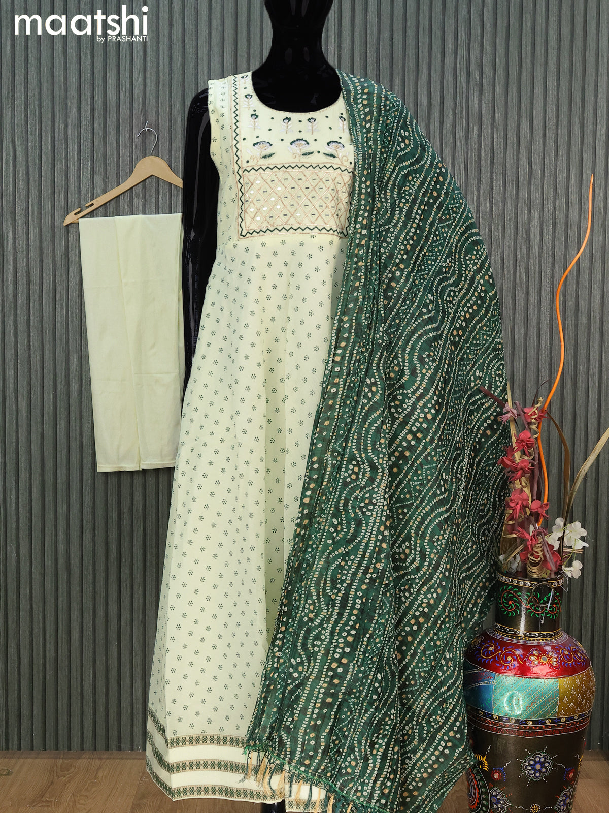 Chanderi readymade party anarkali salwar suit mild pista green with allover butta prints & embroidery mirror work neck pattern and straight cut pant & bandhani dupatta