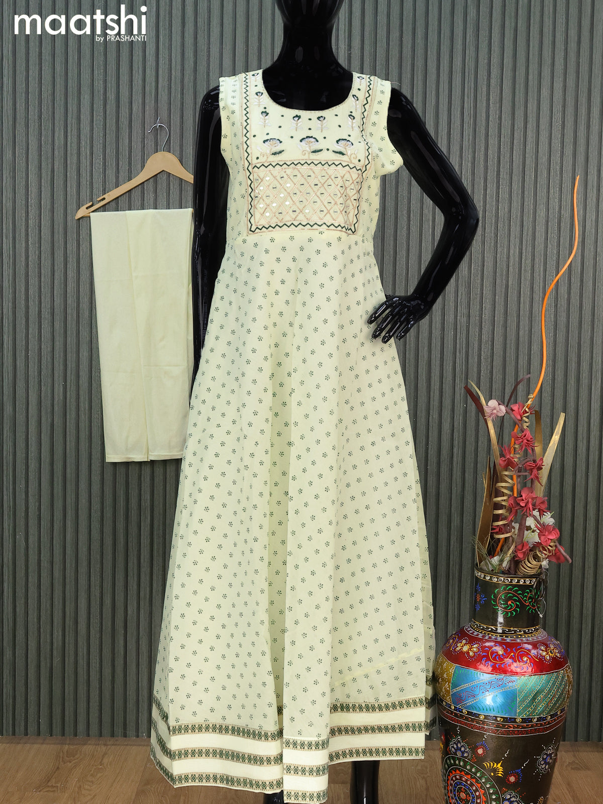 Chanderi readymade party anarkali salwar suit mild pista green with allover butta prints & embroidery mirror work neck pattern and straight cut pant & bandhani dupatta