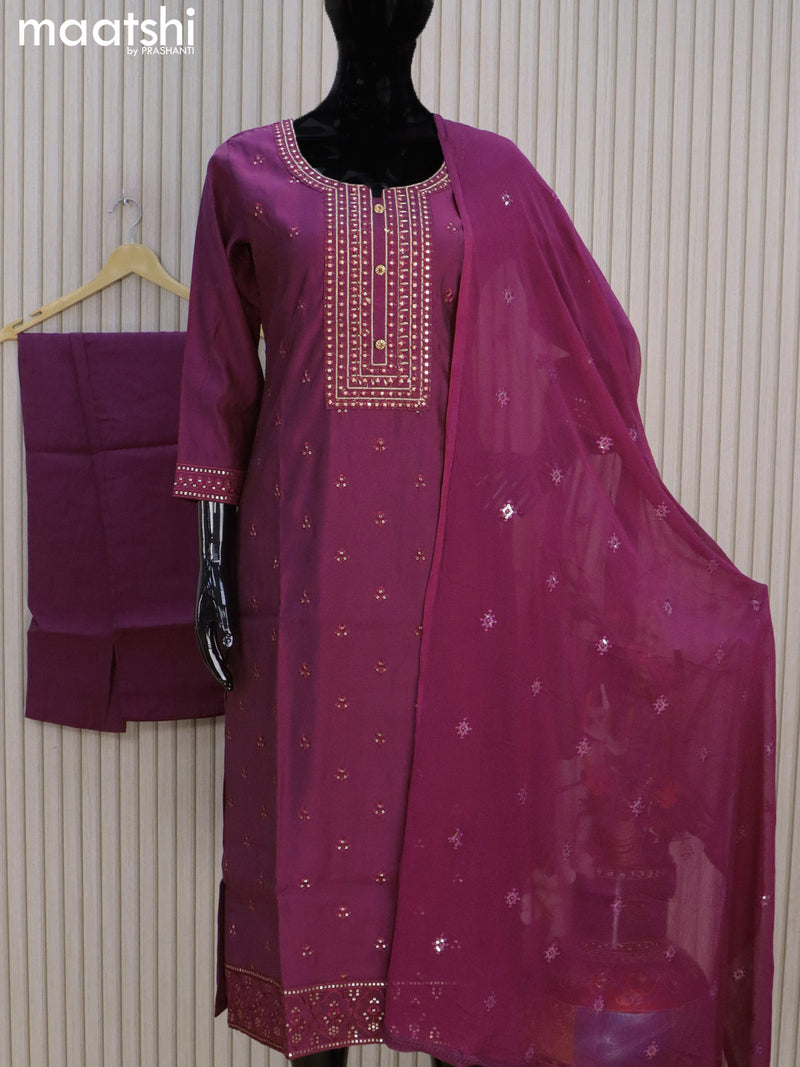 Chanderi readymade salwar suits dark magenta pink with embroidery buttas & embroidery work neck pattern and straight cut pant & sequin work chiffon dupatta