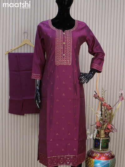 Chanderi readymade salwar suits dark magenta pink with embroidery buttas & embroidery work neck pattern and straight cut pant & sequin work chiffon dupatta