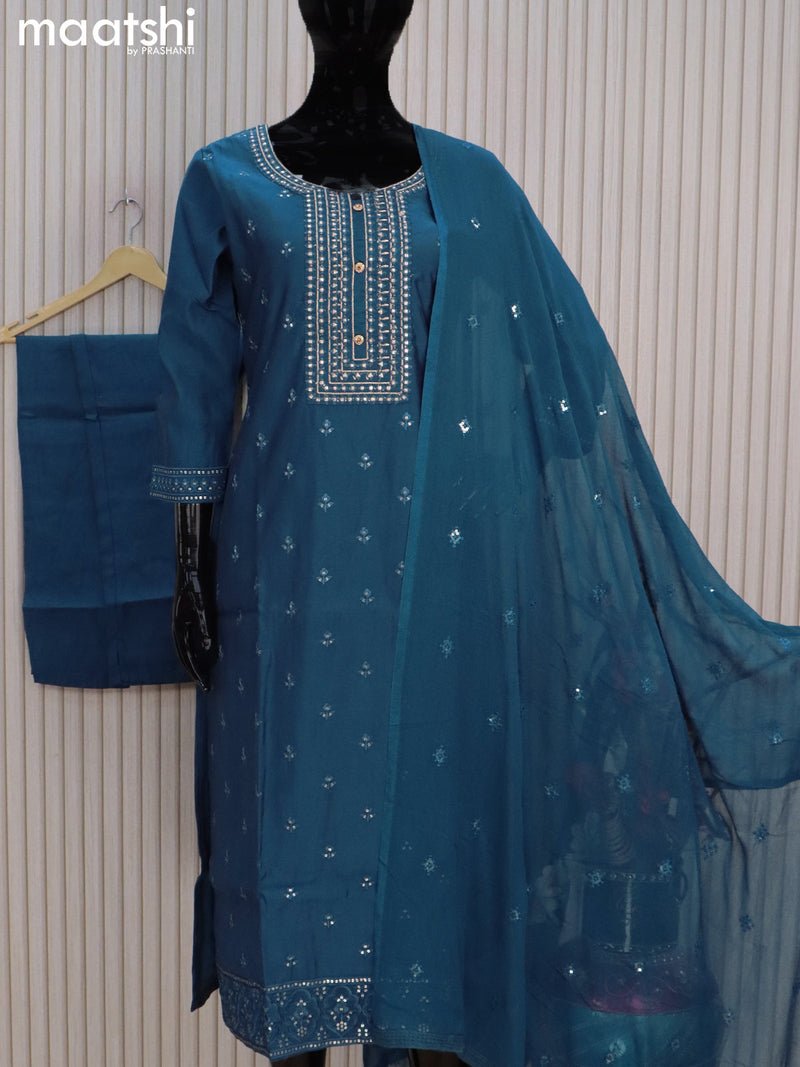 Chanderi readymade salwar suits peacock blue with embroidery buttas & embroidery work neck pattern and straight cut pant & sequin work chiffon dupatta