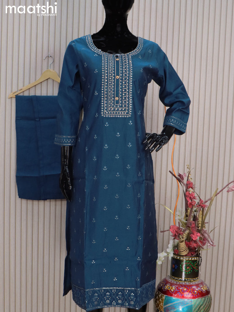 Chanderi readymade salwar suits peacock blue with embroidery buttas & embroidery work neck pattern and straight cut pant & sequin work chiffon dupatta