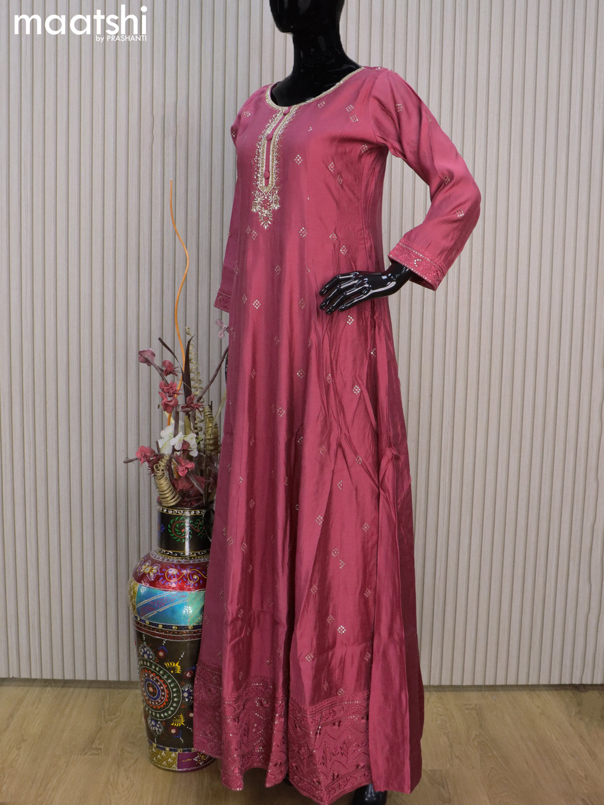 Chanderi readymade anarkali salwar suits pastel maroon with sequin work buttas & sequin beaded work neck pattern and straight cut pant & sequin work chiffon dupatta