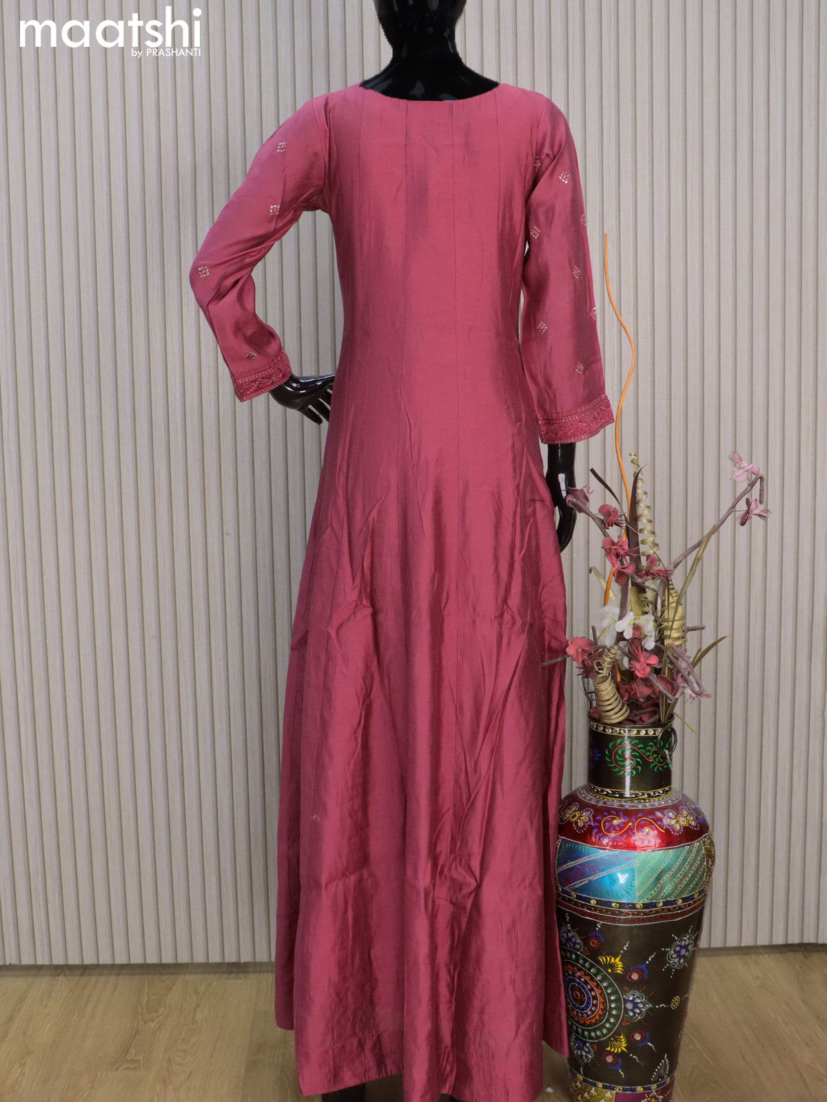 Chanderi readymade anarkali salwar suits pastel maroon with sequin work buttas & sequin beaded work neck pattern and straight cut pant & sequin work chiffon dupatta