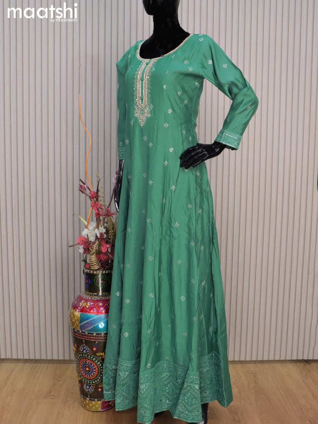 Chanderi readymade anarkali salwar suits pastel green with sequin work buttas & sequin beaded work neck pattern and straight cut pant & sequin work chiffon dupatta
