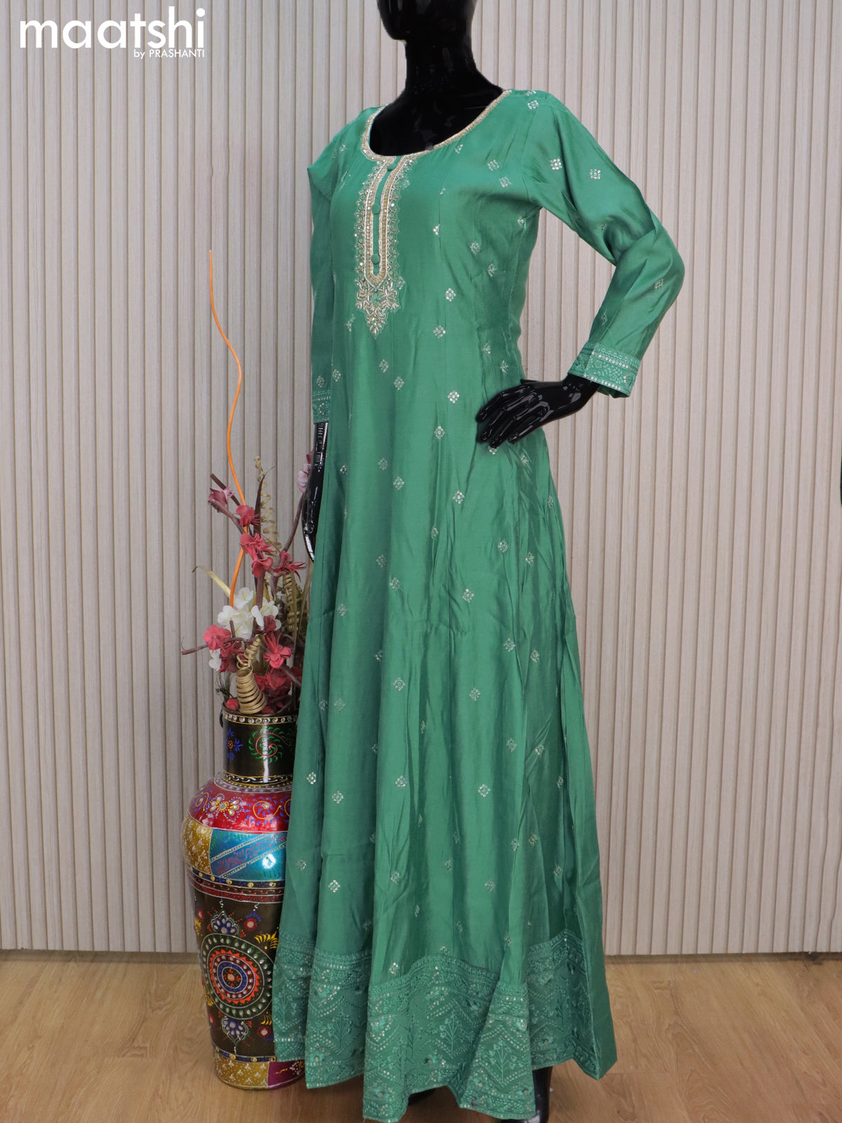 Chanderi readymade anarkali salwar suits pastel green with sequin work buttas & sequin beaded work neck pattern and straight cut pant & sequin work chiffon dupatta